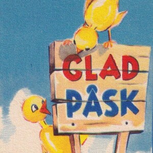 Joyeuses Pâques des années 40 - Signé MJ par l'artiste - Jolie petite carte postale vintage suédoise - Nature des poussins et des œufs - Art déco de la campagne - Glad Påsk Sign