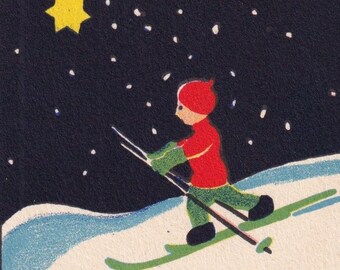 Margit Holmberg - Merry christmas 1934 - small old swedish postcard - Child skiing winter snow ski star - vintage scandinavian Art Deco