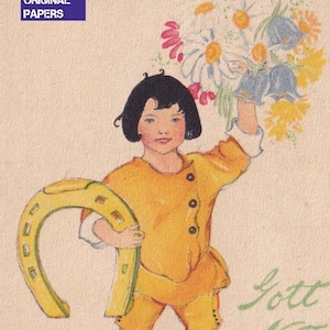 Tamaño del bebé / Aina Stenberg - Deseos de feliz año nuevo 1920 - Preciosa postal vintage sueca antigua - Regalo de herradura de oro con flores de niña - Art Déco