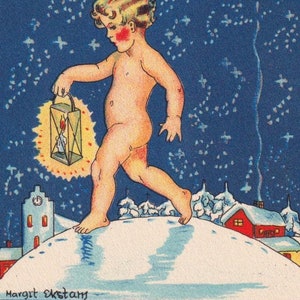 Feliz año nuevo 1935 - Margit Ekstam - Preciosa postal antigua de felicitación sueca - Paseo de bebé con linterna en la iglesia en invierno vintage Gott Nytt År