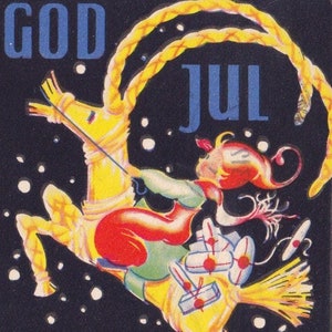 Buon Natale 1936 - Bella piccola cartolina d'auguri svedese vintage Gece - Ragazza che cavalca Julbock inverno scandinavo - effimera art deco