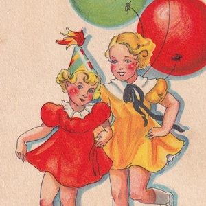 Yvonne Jerring - Auguri di buon anno 1933 piccola cartolina d'auguri svedese vintage - Bambina con vestito e gioco di palloncini scandinavo