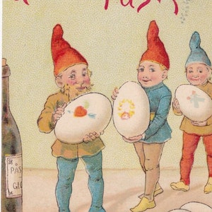 Buona Pasqua - Bella cartolina svedese di auguri antica 1905 - Gnome leprechaun dipinto uovo artista pittore - cartolina vintage post effimera Tomte