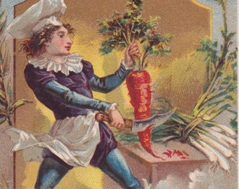 Excellent état ! Cuisiner de la soupe - Belle carte commerciale française victorienne 1895 chocolat Ibled Paris - Chef cuisinier légumes carotte - chromo vintage