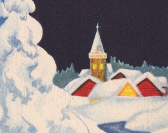 Happy New Year - Swedish Artist Margit Carlbring - Vintage small postcard 1940 - Winter scandinavian landscape church house snow - Greetings