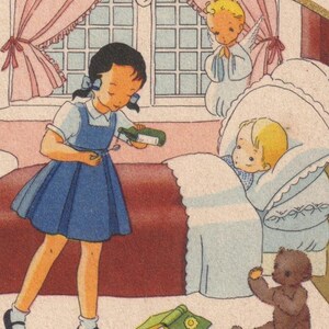 Visita ai malati/Carità - Bella immagine sacra olandese antica degli anni '40 - Preghiera dell'angelo per bambini - religione Cristianesimo - Artista firmato Gouppy
