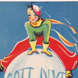 Feliz Año Nuevo desea 1935 - Preciosa y pequeña postal vintage sueca GECE Art Déco - Mujer bola de nieve gigante salto nieve juego de moda de invierno