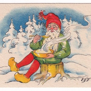 Künstler signiert EST- Frohes Neues Jahr wünscht 1935s - Schöne kleine alte schwedische KARTE Vintage - Weihnachtsmann Brei Tomte Wichtel Winter Schnee Wald