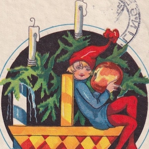 Margit Ekstam - Buon Natale anni '30 - Bella cartolina d'auguri vintage Svezia - Decorazione candela mela Leprechaun Girl - effimera