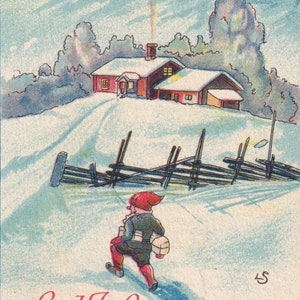 Kleine Vintage Postkarte Schweden 1939 - Kleine Vintage Postkarte - Kobold Zwerg Geschenk - Haus Schnee Winter
