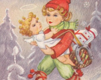 Artist Signed Ro - Christmas & New Year Wishes 1945 -Lovely small swedish vintage postcard -Leprechaun gnome angel winter rabbit - gift snow