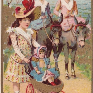 ¡Condición superior! Paseo de muñecas de vacaciones -Preciosa tarjeta comercial victoriana francesa 1895 chocolate Ibled Paris -cochecito de niños burro- Vintage cromo Minot