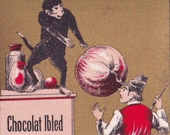 Seltener Zustand! Ballspiel - Schöne französische viktorianische Handelskarte 1895 Schokolade Ibled Paris - Humor Affe Mann Küche Zirkus - Vintage Chromo