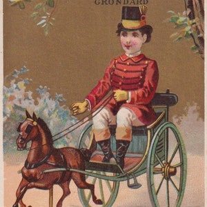 Die Kutsche - Schöne französische viktorianische Handelskarte c. 1895 - Schokolade Gröndard Paris - Pferd Spielzeug Anhalter Kutscher Junge - Vintage Minot