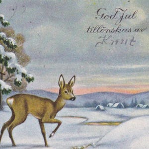 God Jul / Merry Christmas 1943 - Belle petite carte postale suédoise vintage - Paysage de neige hivernal scandinave, chevreuil, biche - Sainte prière