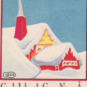 Voeux de Noël et du Nouvel An 1934 - Belle petite carte postale vintage suédoise de voeux Gece - Art déco scandinave - Nuit de maison de paysage d'hiver