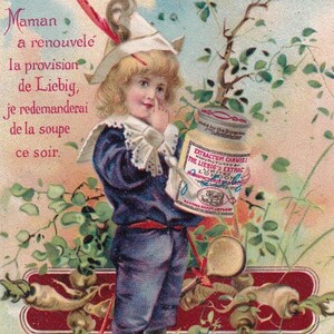 Franse Liebig Victoriaanse handelskaart circa 1905 uit de kookset van de chef-kok - Potscène bloem natuur soepmuts jongen kok zomer - vintage ephemera