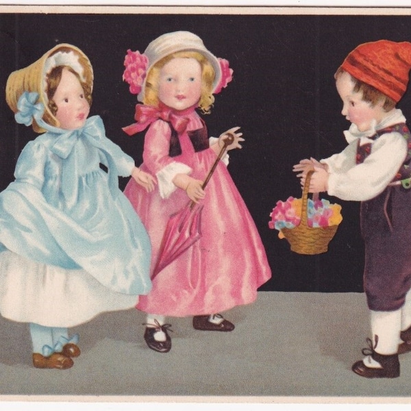 Congratulations / Greetings -Lovely Vintage postcard 1914 Sweden - Children girl boy basket of Flowers gift dress fashion -card old ephemera