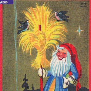 Deseos de Navidad y Año Nuevo 1938 - Preciosa postal pequeña retro antigua Suecia - Duende Gnomo pájaro invierno trigo paja nieve vintage