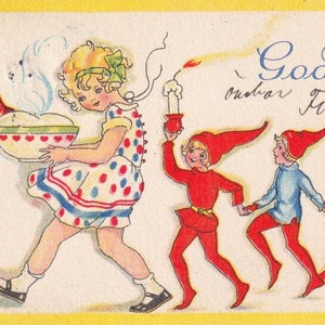 Margit Ekstam - Buon Natale 1930 - Bella vecchia cartolina vintage svedese - regalo per ragazza Porridge moda folletto bambini Babbo Natale