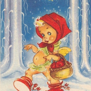 Astrid Österling - Deseos de Navidad y Año Nuevo 1943 -Preciosa pequeña postal de felicitación antigua vintage Suecia - Ángel de invierno niño bosque paseo nieve