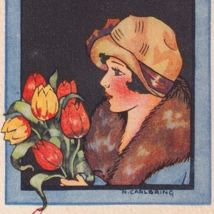 Margit Carlbring - Frohes Neues Jahr wünscht 1930 - Kleine reizende schwedische vintage Postkarte - Frau & Tulpenblumen Mode - Art Deco