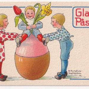 Taglia bambino / S Sundius Dahlström - Buona Pasqua 1935 - vecchia cartolina vintage svedese - Fiori di tulipano uovo di moda per artista scandinavo per bambini