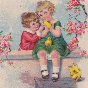 Buona Pasqua anni '30 - Bella vecchia cartolina d'auguri svedese - Ragazza pulcino uovo ciliegio fiori bambini - scandinavo vintage