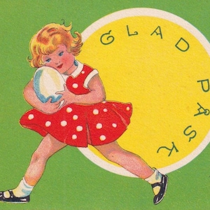 Buona Pasqua anni '30 - Artista non firmato - Bella piccola cartolina vintage svedese - arte bambino ragazza uovo pulcini pollo palloncino Deco litografia - Påsk