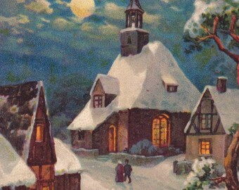 Merry Christmas 1930s - Lovely old small swedish greeting postcard -Midnight mass winter church snow prayer - holy scandinavian vintage card
