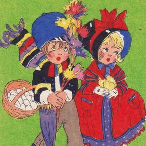 Gunila S - Joyeuses Pâques des années 1935 - Jolie petite carte postale vintage suédoise - Elegant Lovers enfants oeuf plume branches poussins - scandinave