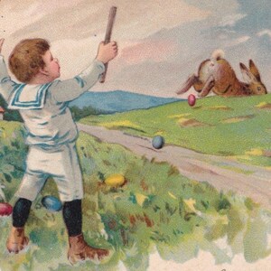 Dompteur de lapin marin - Joyeuses Pâques - Belle carte postale de voeux antique des années 1905 - Oeuf enfant nature campagne - Cartes éphémères vintage