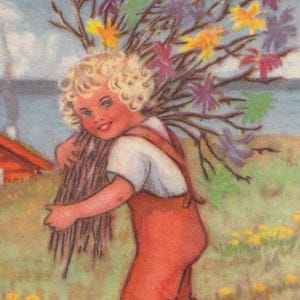 Joyeuses Pâques des années 40 - Belle petite carte postale vintage suédoise - Stina Broomé signée par l'artiste - Barnches de plumes pour fille, cadeau nature, mode campagne