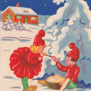 Artista non firmato / Auguri di Buon Natale - Bella piccola cartolina d'epoca Svezia 1938 - Bambini folletto inverno Porridge cuoco regalo neve