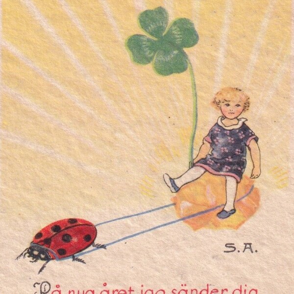 Signe Aspelin - Happy Easter 1928 - Lovely old small swedish postcard - Scandinavian artist ladybug hitch clover girl gift - fashion vintage