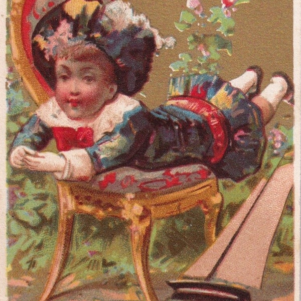 Navy - Little girl & boat toy - Lovely victorian trade card Guerin Boutron c. 1895 french Minot Paris - sailing ship chair ephemera Vintage