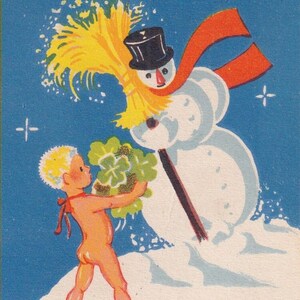 Artista sin firmar - Deseos de feliz año nuevo 1942 - Preciosa y pequeña postal vintage sueca - Regalo de trébol de muñeco de nieve para niños y invierno - escandinavo