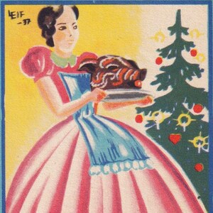 LEIF - God Jul / Buon Natale 1940 - Bella piccola cartolina di auguri svedese - Cuoco donna maiale piatto - art deco scandinavo vintage