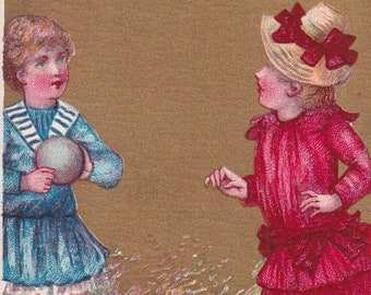 Rare condition! Balloon game - Lovely French victorian trade card 1895 chocolate Ibled Paris - children girl fashion toy - Vintage chromo