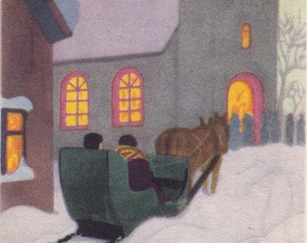 Artist Signed WP - Christmas & New Year wishes 1946 -old small swedish vintage postcard - Midnight mass church Horse hitch sledge winter eve