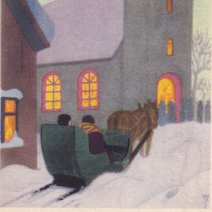 Artysta podpisał WP - Życzenia świąteczne i noworoczne 1946 - stara mała szwedzka pocztówka vintage - Pasterka w kościele Sanie ciągnięte przez konie Zimowy wieczór