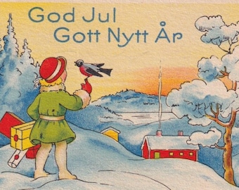 Baby size / Artist signed EST - Christmas & New Year wishes 1935 - Lovely old swedish vintage postcard - Winter girl bird gift snow Art Deco