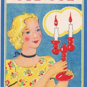 Auguri di buon anno anni '40 - Piccola cartolina d'auguri svedese vintage firmata BRAG - Abito da donna in stile art déco - effimera scandinava