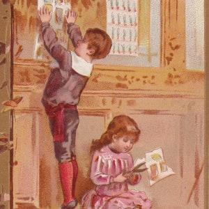 ¡Excelente estado! Juego - Preciosa tarjeta comercial victoriana francesa 1895 Ibled Paris - Imágenes de álbumes de recortes moda infantil niña - cromo vintage