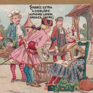 Condición poco común - Preciosa tarjeta comercial de la época victoriana francesa de 1895 - Marca Leroux - Vendedor de verduras y aves del mercado elegante - Cromo vintage