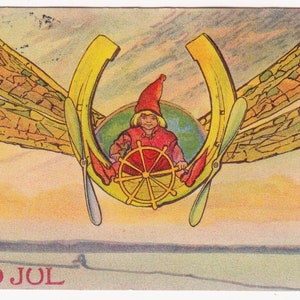 Taille bébé / Aina Stenberg - Joyeux Noël 1910 - Ancienne carte postale suédoise vintage - Pilote d'avion volant lutin - Art déco - lutin gnome