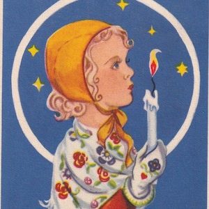 Artista non firmato - Buon Natale 1943 - Bella vecchia piccola cartolina svedese art deco - ritratto di bambina e candela - moda invernale vintage