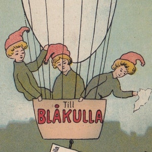 Joyeuses Pâques / Montgolfière Leprechaun - Carte postale suédoise de voeux antique drôle et singulière 1915 - voyage en avion - éphémères vintage