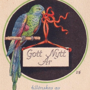 Papagei / Wellensittich mit Schild - Frohes Neues Jahr wünscht - Schöne kleine Vintage Postkarte Schweden 1930 - signiert - Landschaft Vogel im Käfig