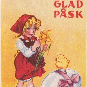 Harald - Glad Påsk / Joyeuses Pâques des années 40 - Jolie petite carte postale vintage suédoise ancienne - Fille, gros œufs, poussins, naissance de poulet - scandinave